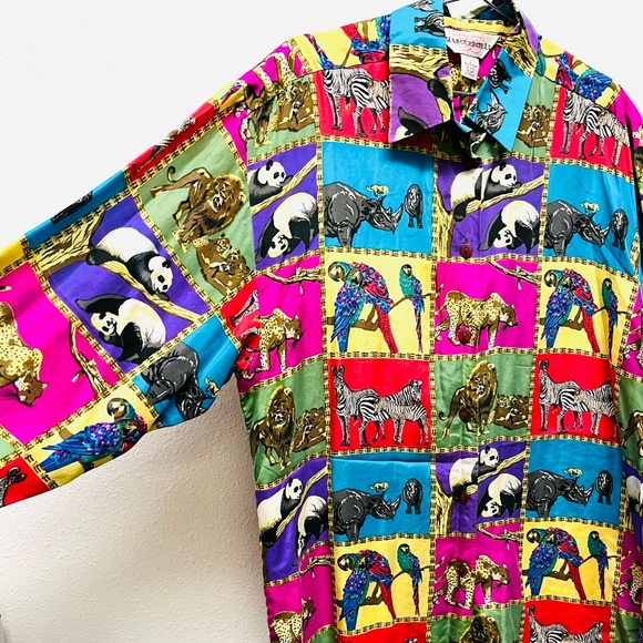 Vintage Colorful Jungle Animals Silk Blouse - Picture 3 of 6